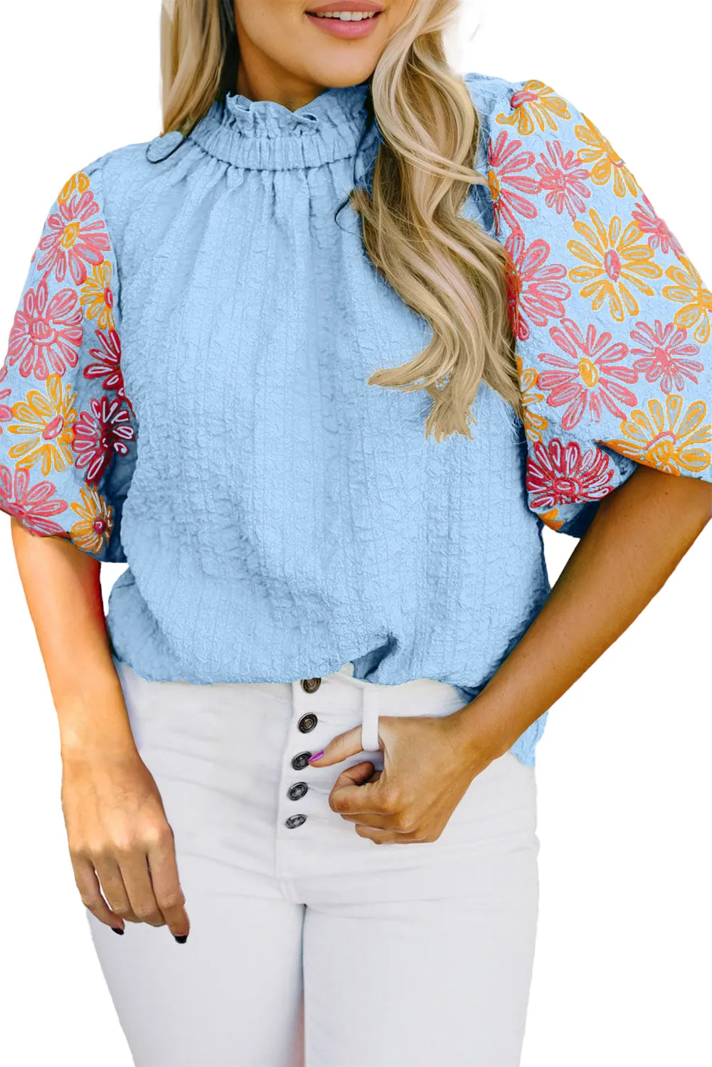 Myosotis Floral Puff Short Sleeve Ruffled Collar Button Back Top