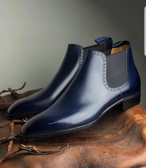 Navy Blue Leather Tarnovo Slip On Chelsea Boots - Boots