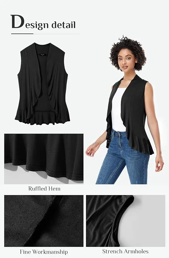 New Xeoxarel Women's Sleeveless Cardigan Open Front Lightweight Layering Vest Black, Sz L