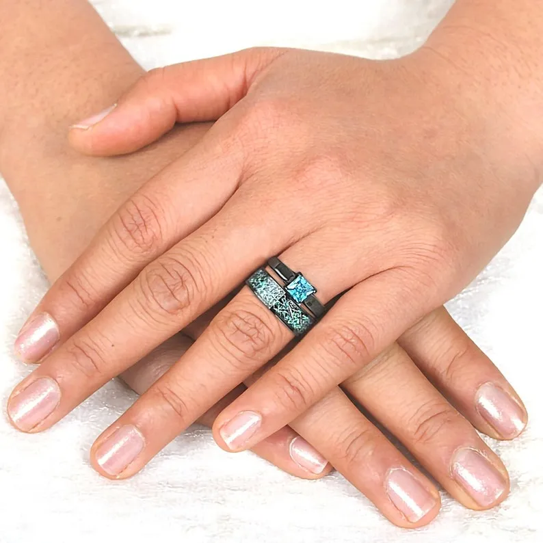 Night Sky - 2 pc Meteorite Wedding Ring Set Opal Ring Set