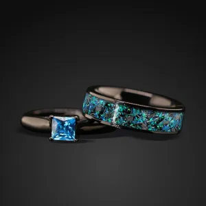 Night Sky - 2 pc Meteorite Wedding Ring Set Opal Ring Set
