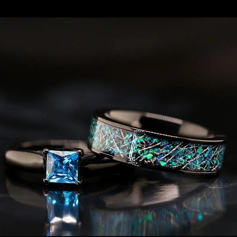 Night Sky - 2 pc Meteorite Wedding Ring Set Opal Ring Set