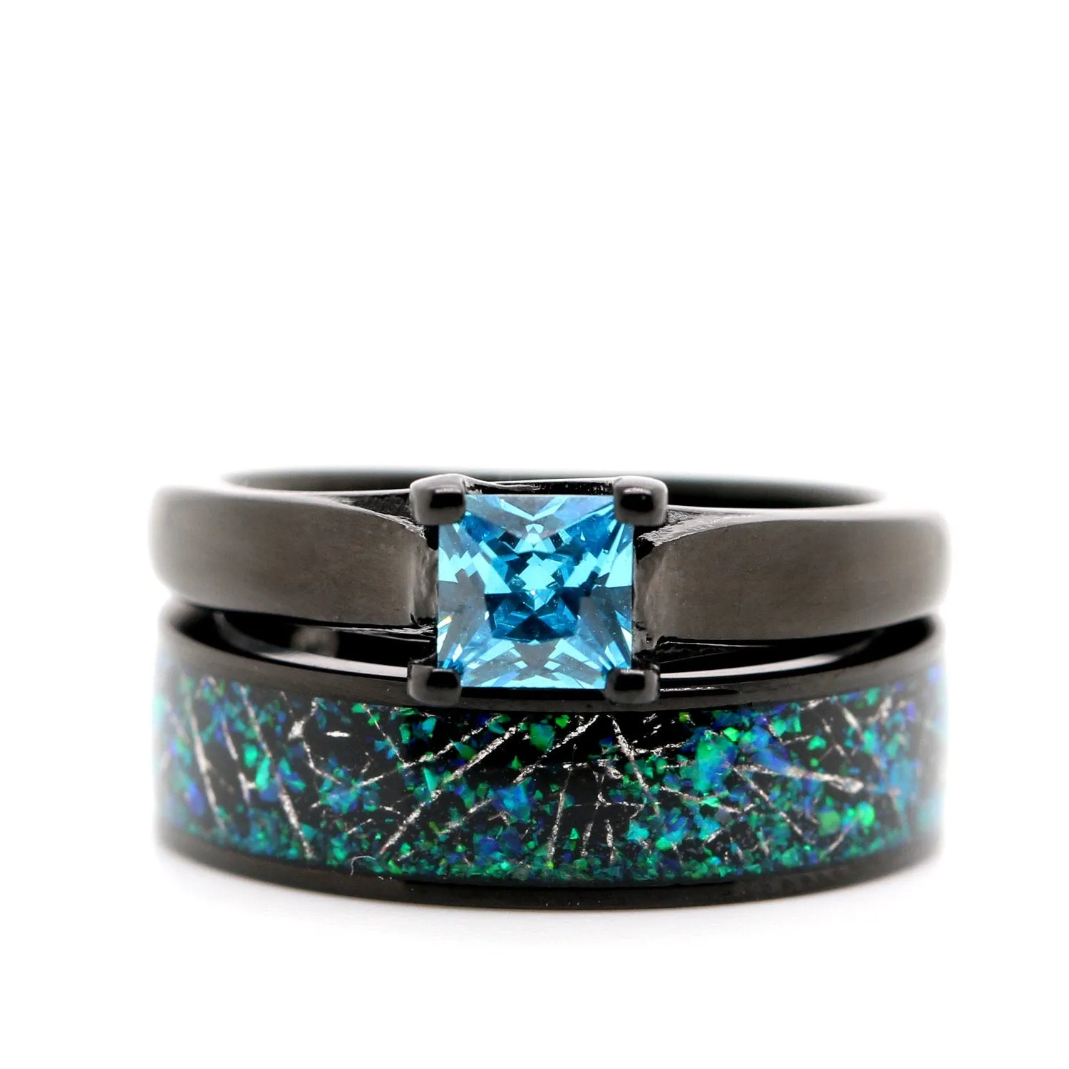 Night Sky - 2 pc Meteorite Wedding Ring Set Opal Ring Set