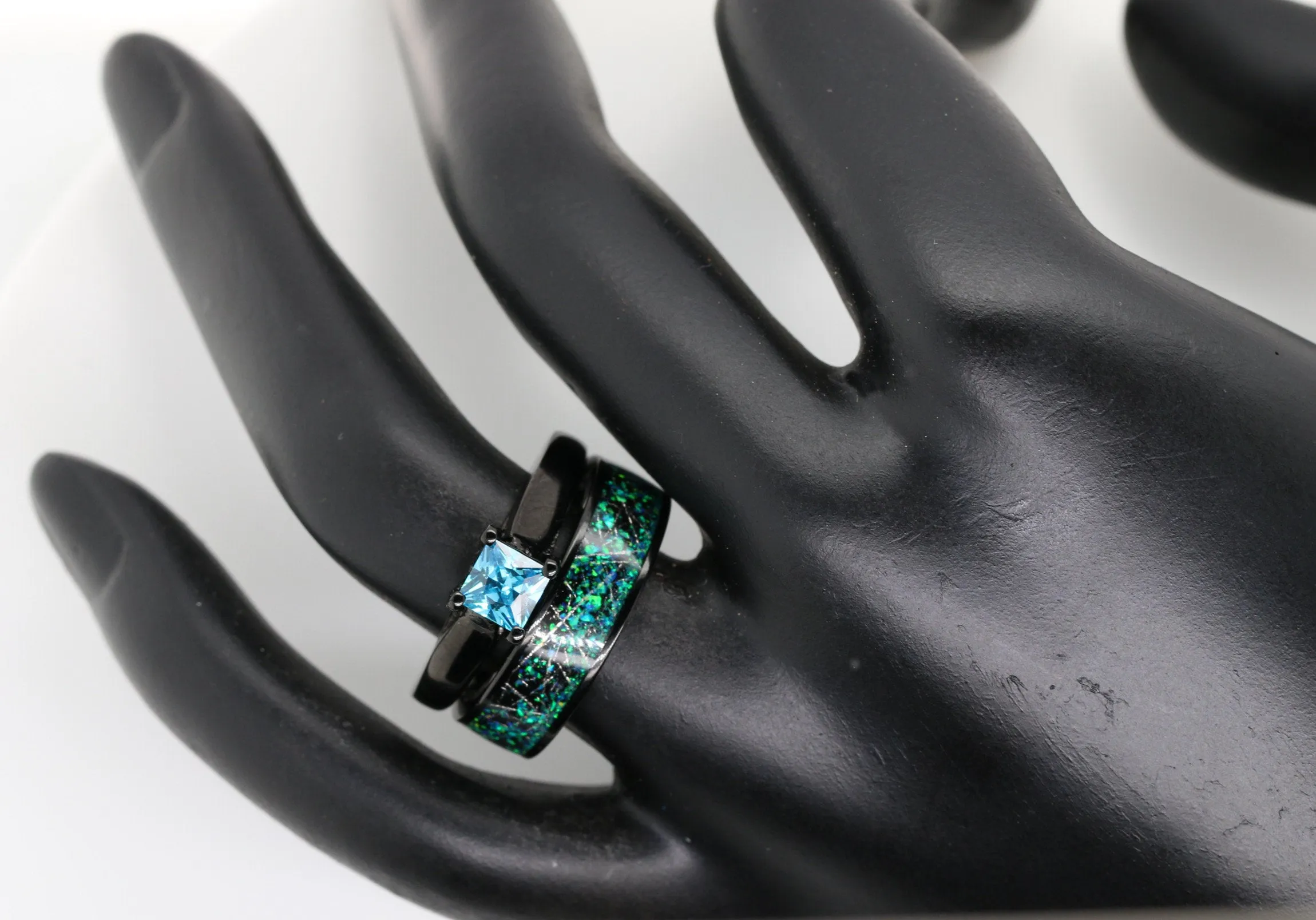 Night Sky - 2 pc Meteorite Wedding Ring Set Opal Ring Set