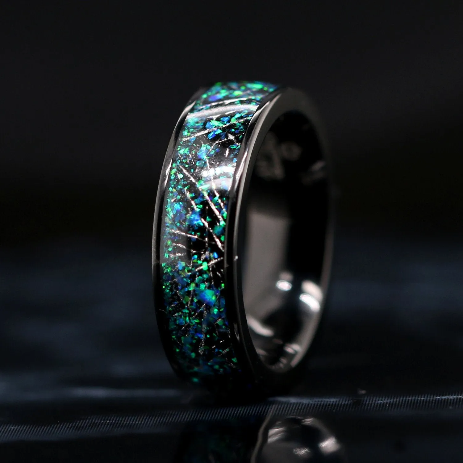 Night Sky - 2 pc Meteorite Wedding Ring Set Opal Ring Set
