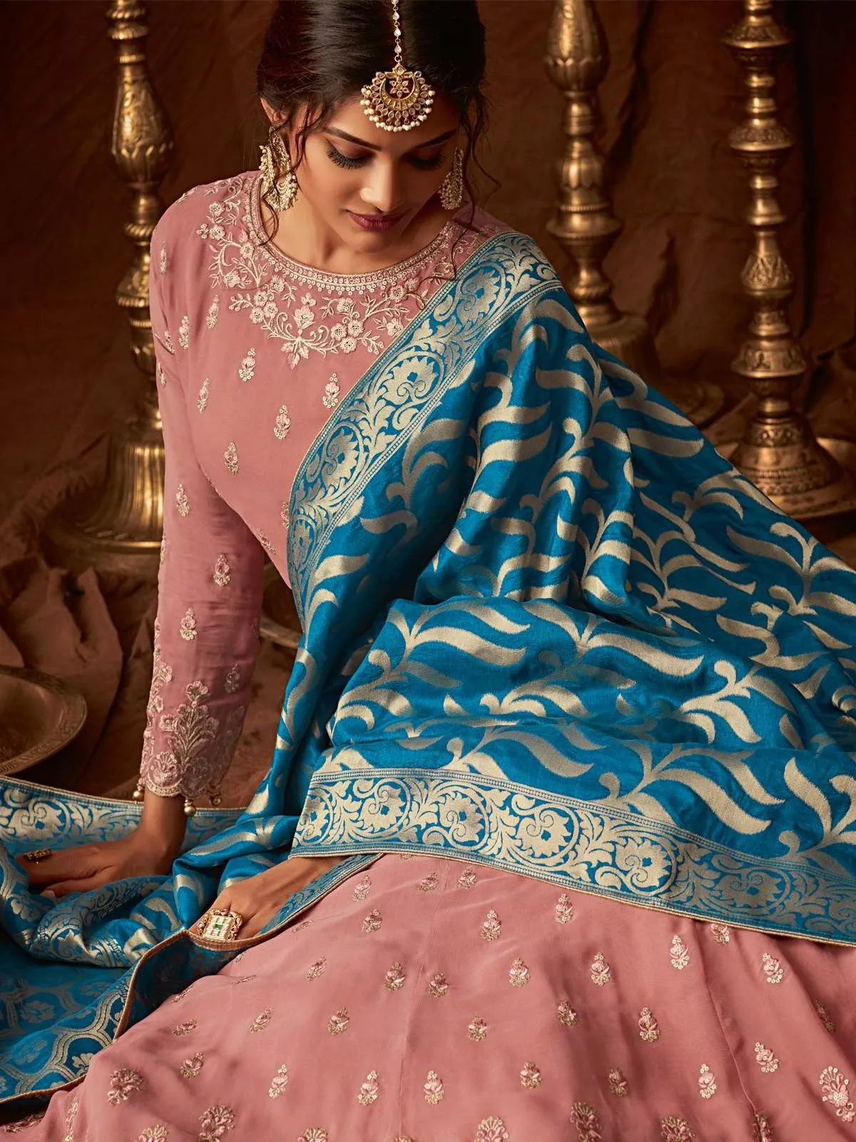 Peach And Blue Embroidered Wedding Anarkali Lehenga Suit