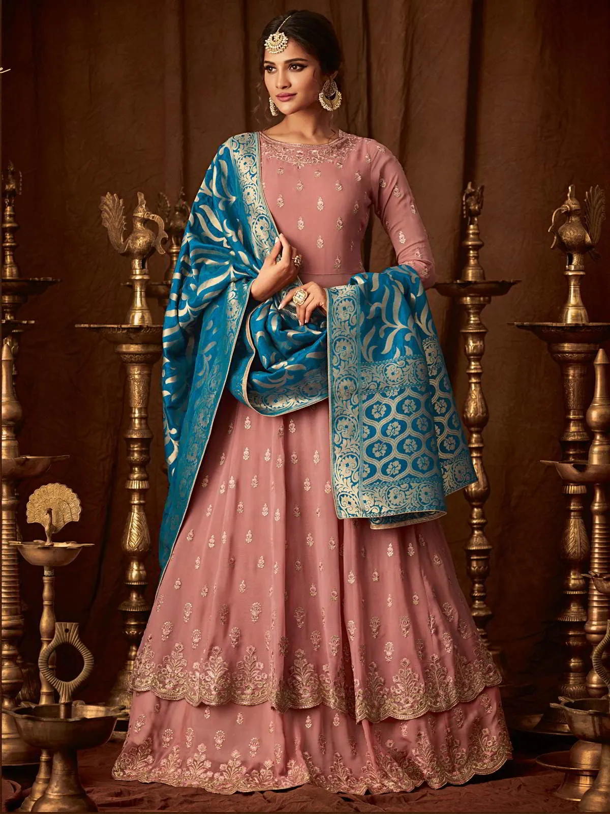 Peach And Blue Embroidered Wedding Anarkali Lehenga Suit