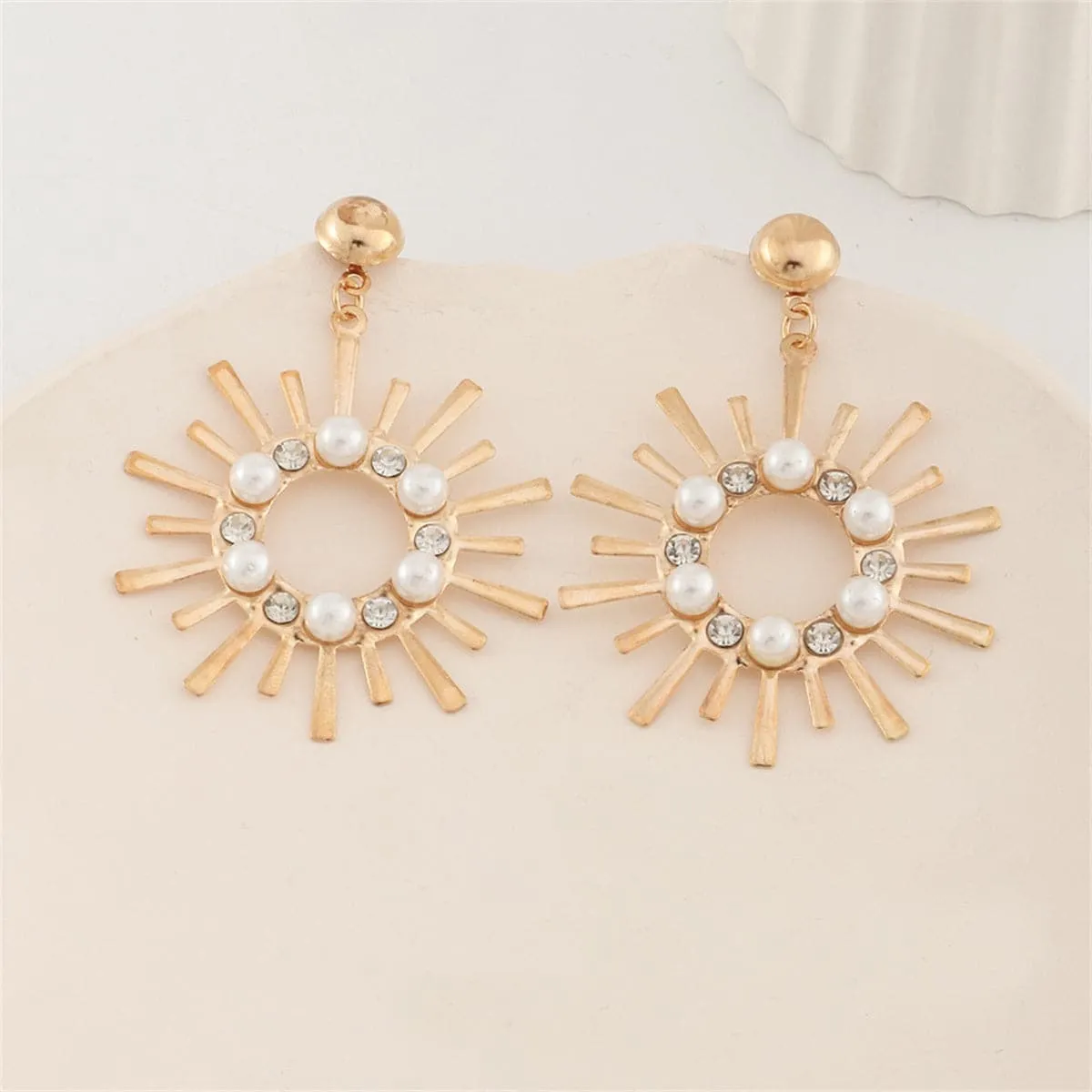 Pearl & Cubic Zirconia 18K Gold-Plated Sun Flower Drop Earrings