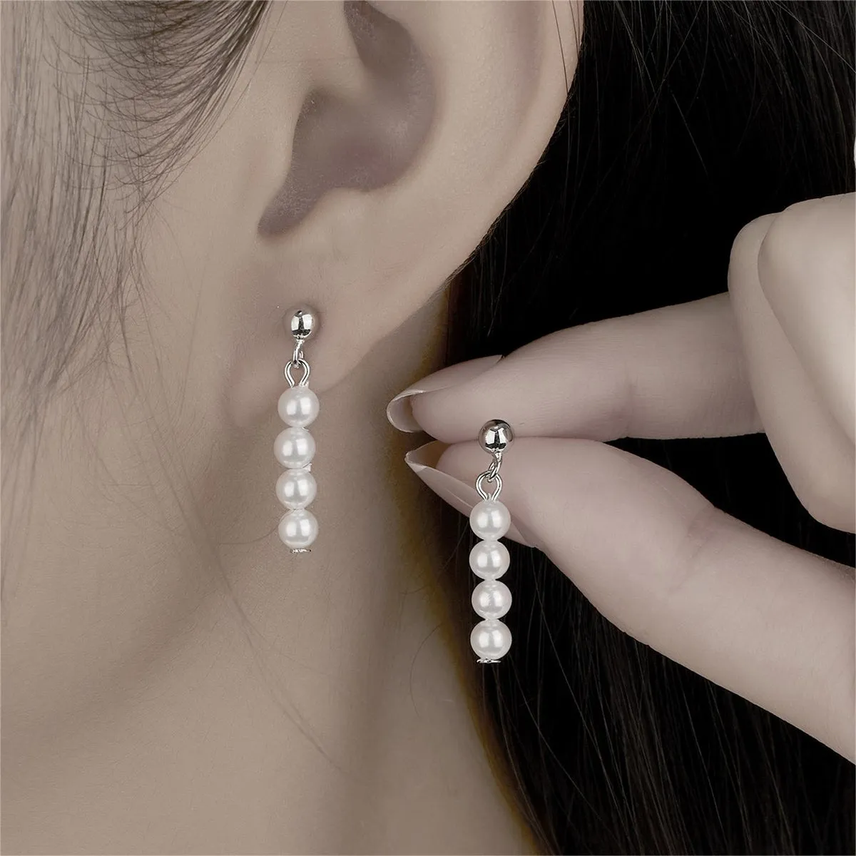 Pearl & Silver-Plated Line Drop Earrings