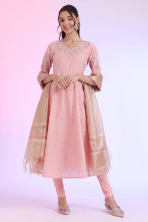 Pink Yarn Dyed Anarkali with Leggings & Dupatta Set