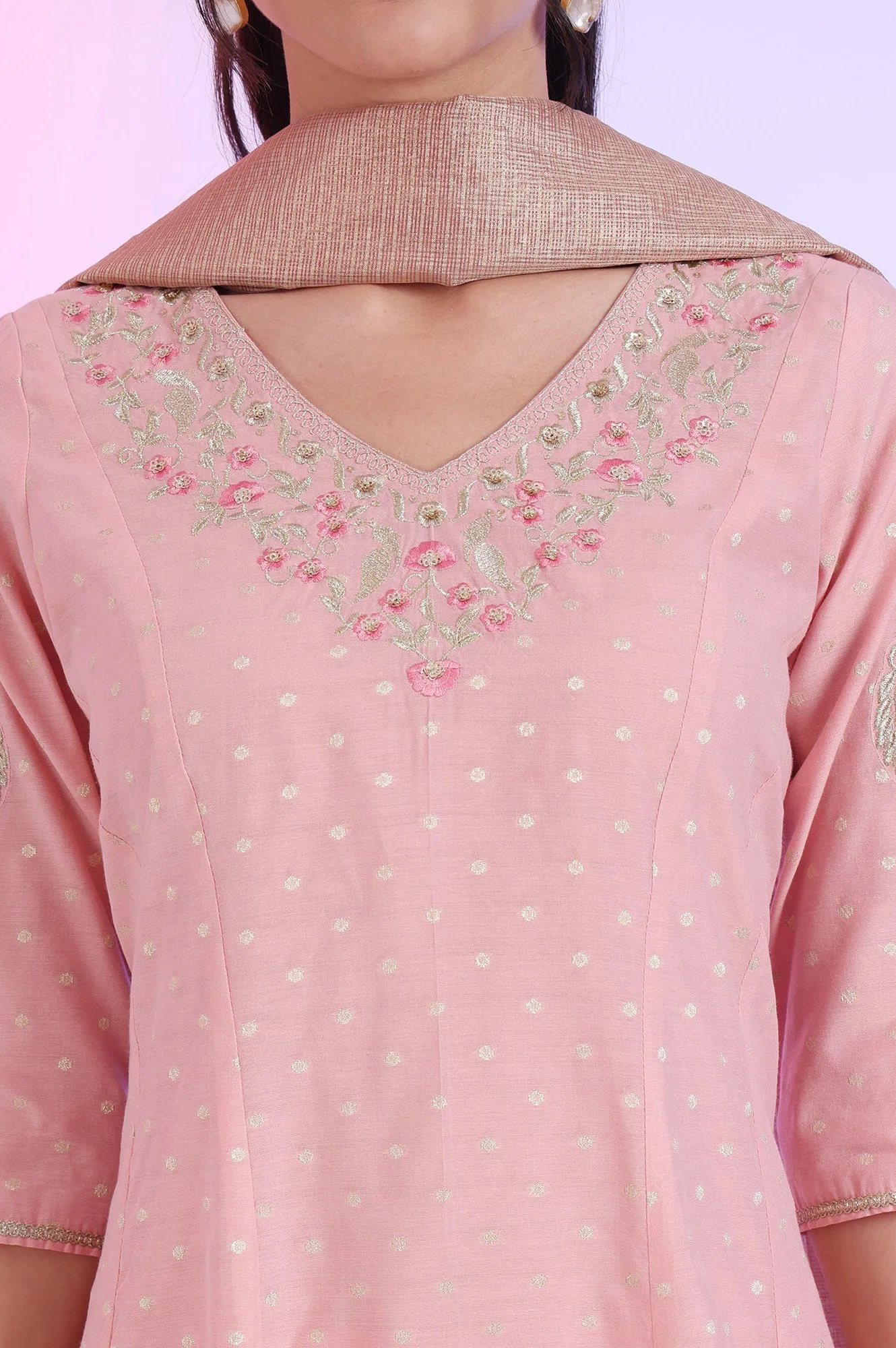 Pink Yarn Dyed Anarkali with Leggings & Dupatta Set