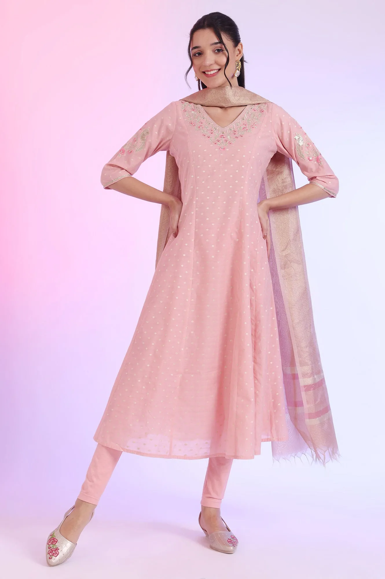 Pink Yarn Dyed Anarkali with Leggings & Dupatta Set