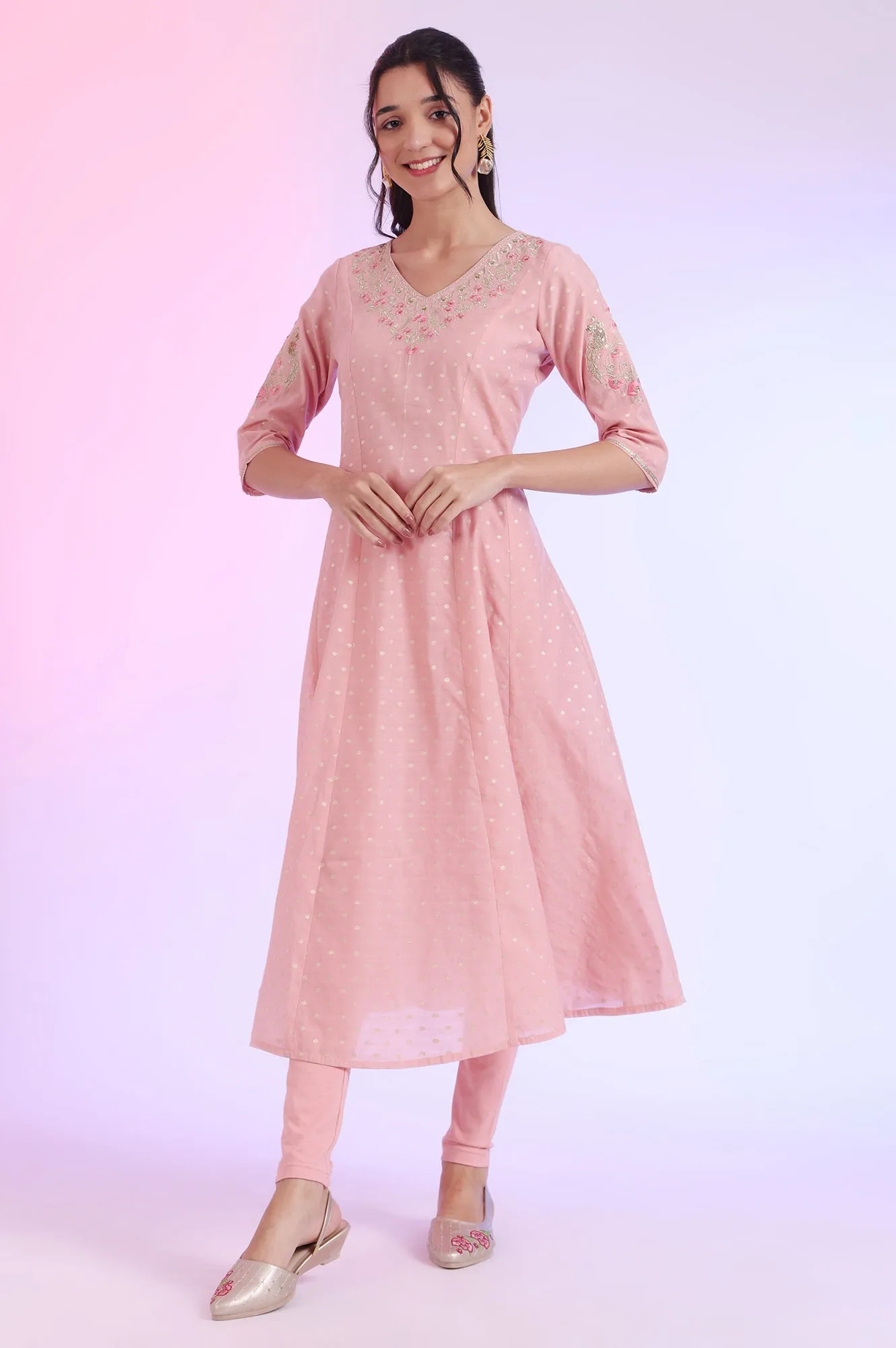 Pink Yarn Dyed Anarkali with Leggings & Dupatta Set