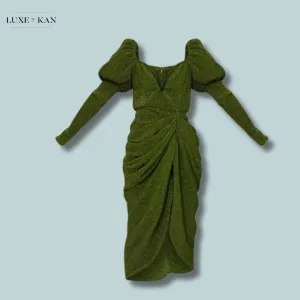 PRETTYLITTLETHING Green Glitter Plisse Puff Sleeve V Bar Draped Midi Dress