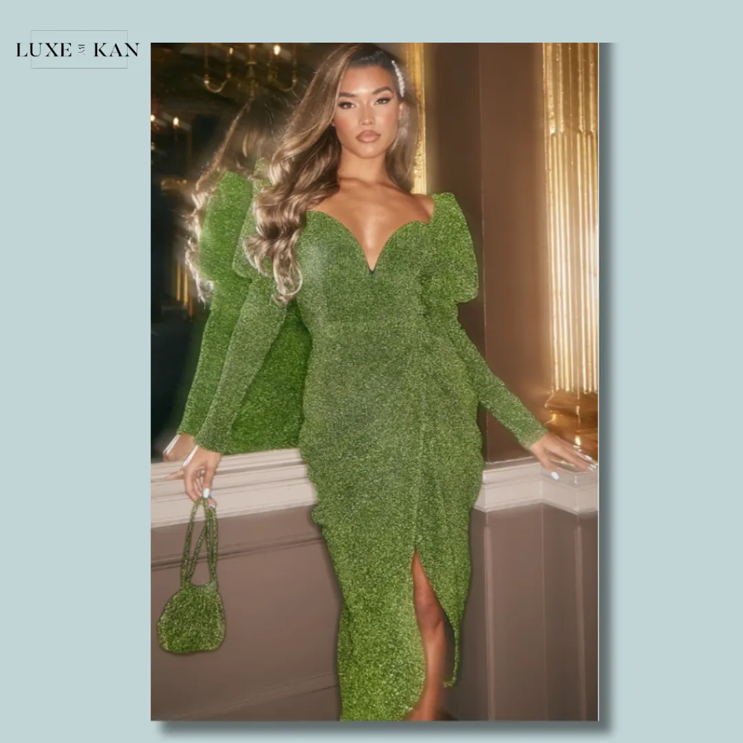 PRETTYLITTLETHING Green Glitter Plisse Puff Sleeve V Bar Draped Midi Dress