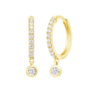 Round Diamond Bezel Drop Mini Huggie Hoop Earrings in 14k Yellow Gold