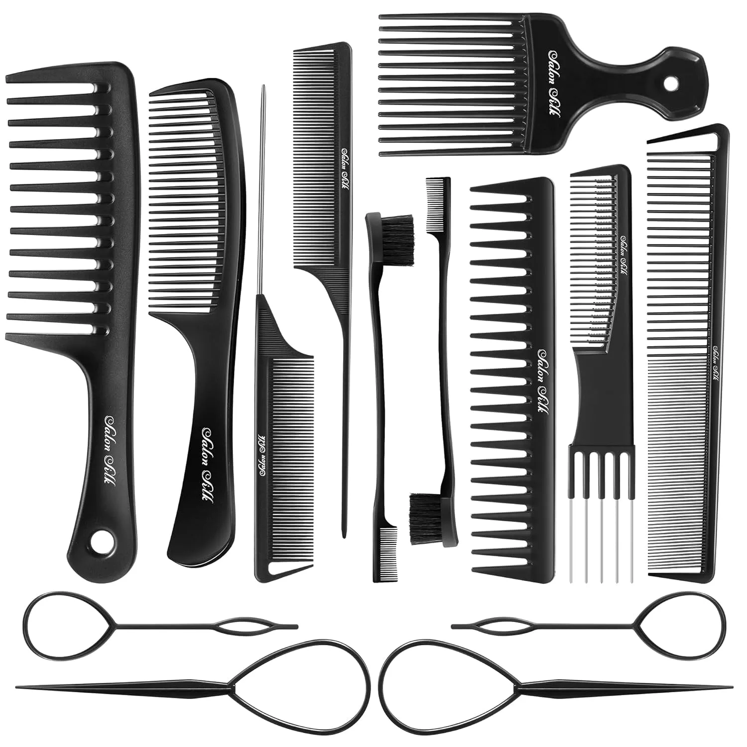 SALONSILK 4PCS Professional Comb Set, Wide Tooth Combs Rat Tail Fine Tooth Hair Comb, Barber Styling Curly Parting Combs Set for Men and Women, Braiding Cutting Combs