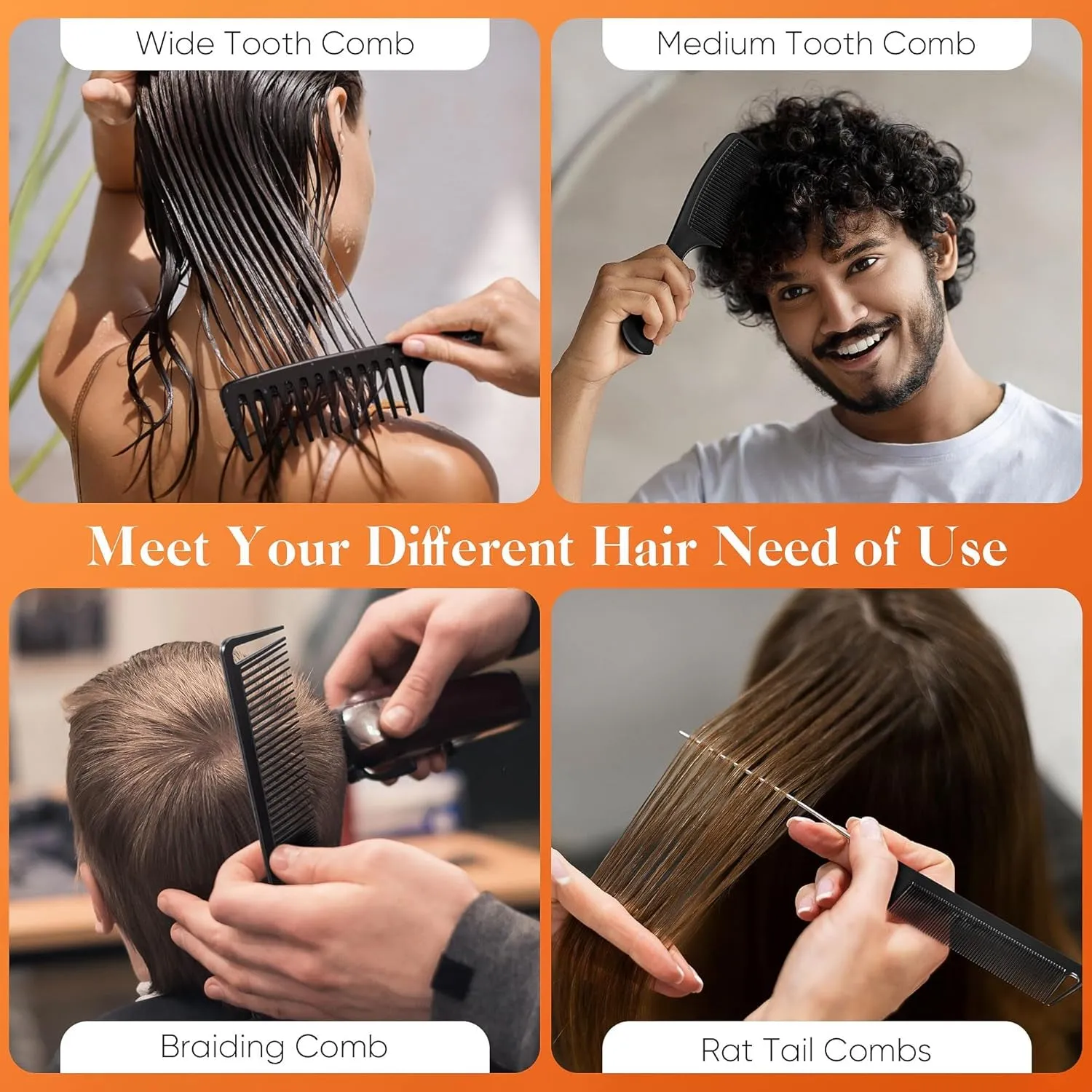 SALONSILK 4PCS Professional Comb Set, Wide Tooth Combs Rat Tail Fine Tooth Hair Comb, Barber Styling Curly Parting Combs Set for Men and Women, Braiding Cutting Combs