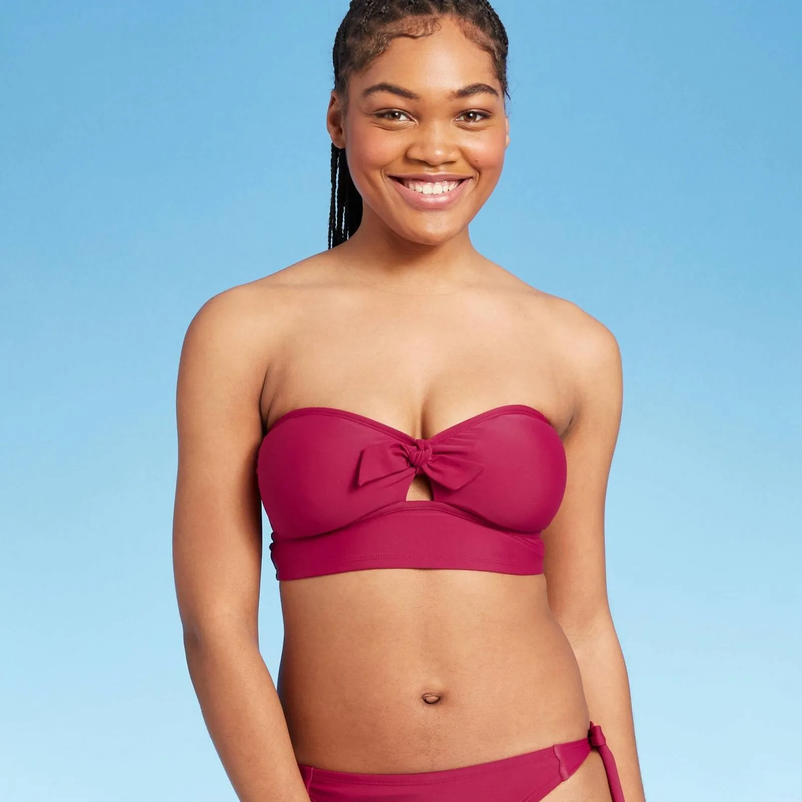 Shade & Shore Women's Long Line Front Tie Bandeau Bikini Top Berry Pink L