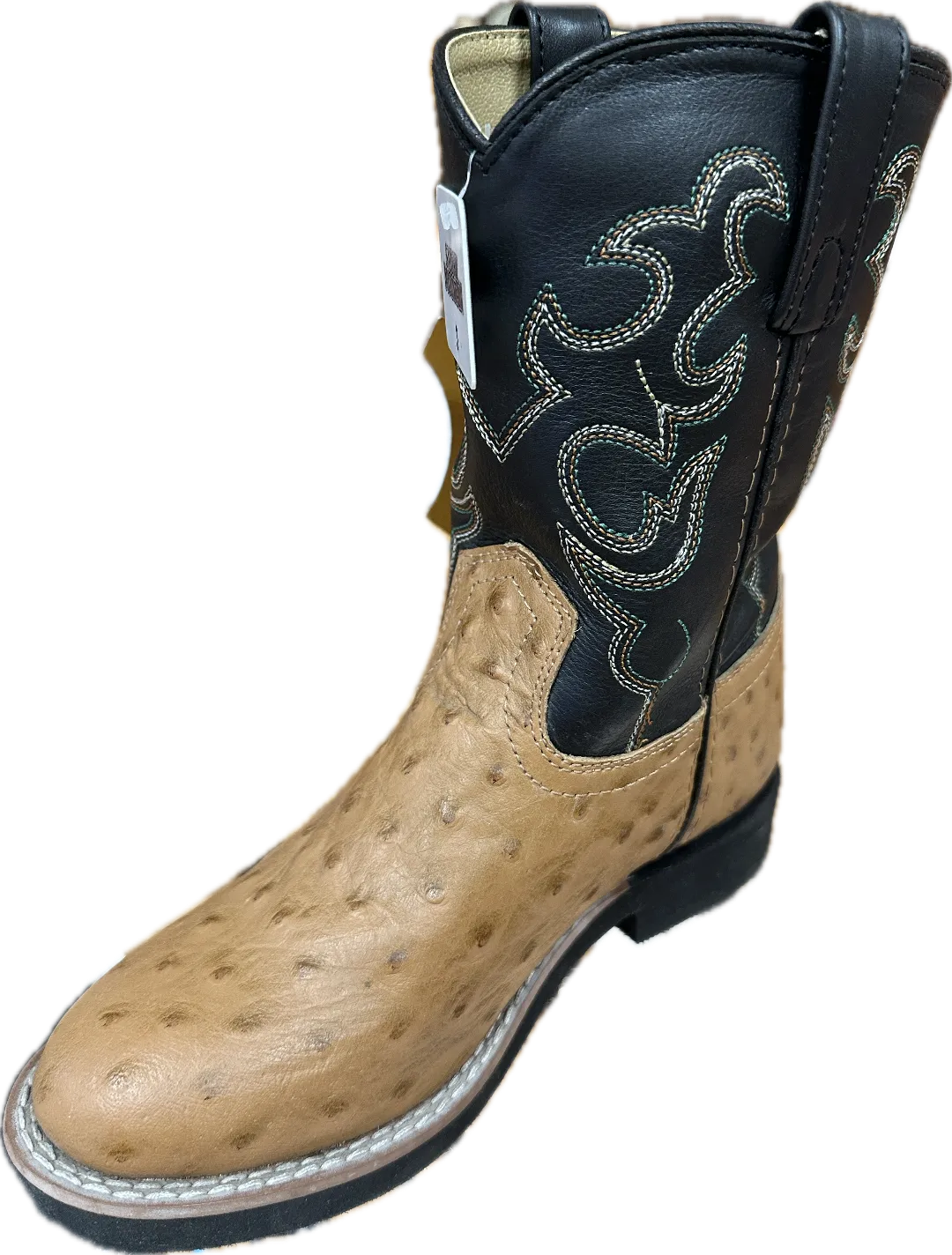 Smoky Mountain Children's Tan Ostrich Print Boots with Black Shaft with Stitching