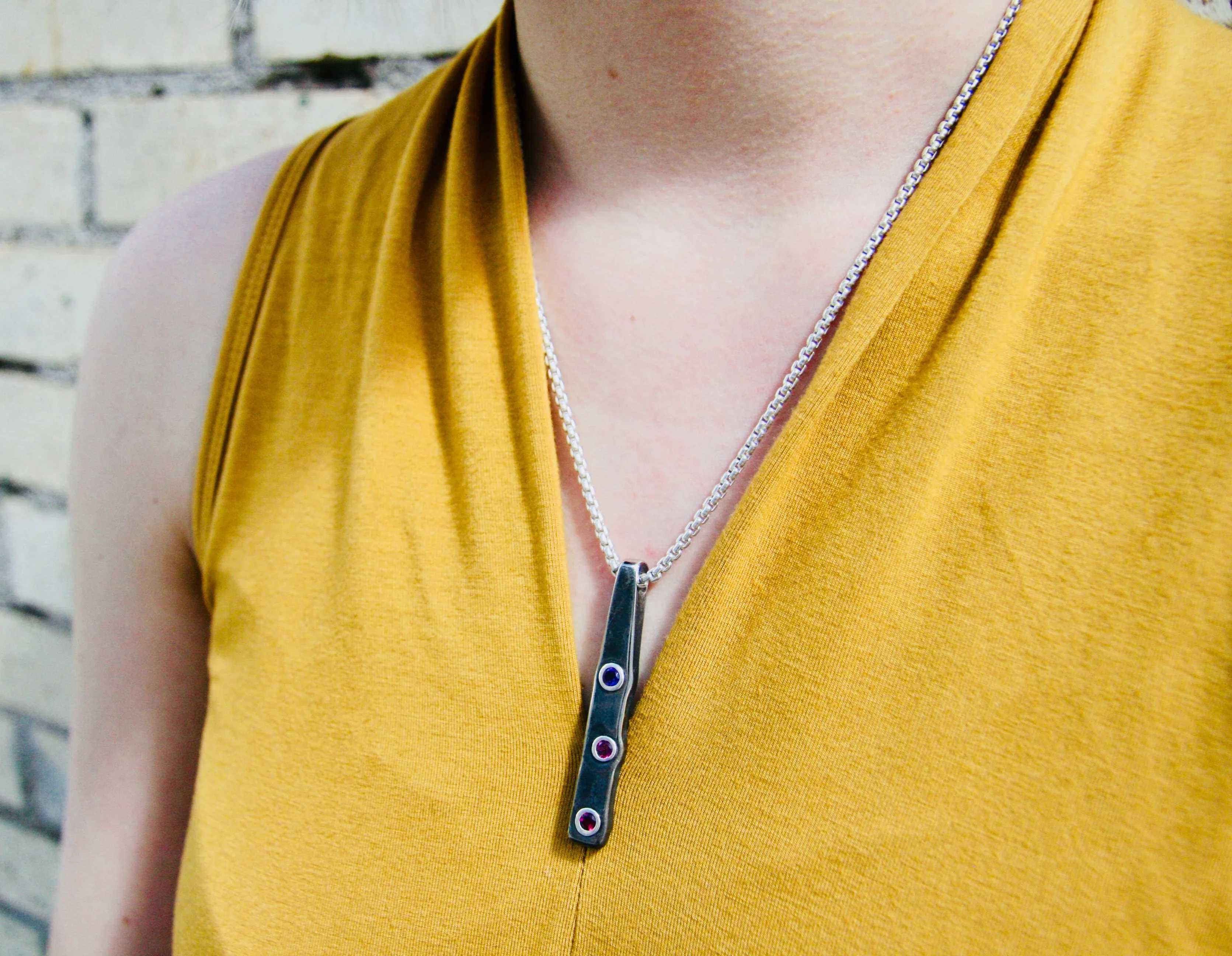 Steel Pendant Necklace with Amethyst and Rhodolite Garnets