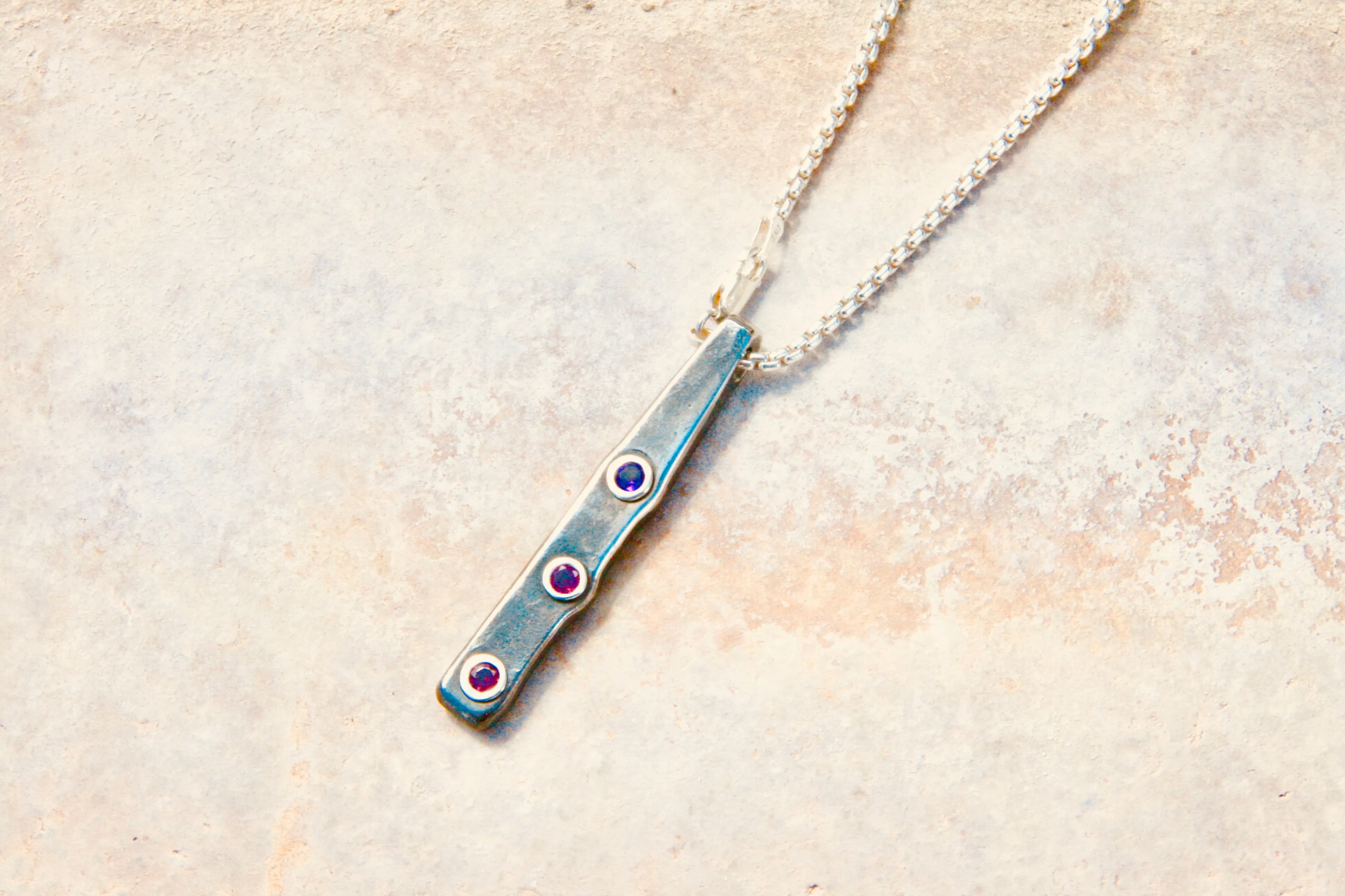 Steel Pendant Necklace with Amethyst and Rhodolite Garnets