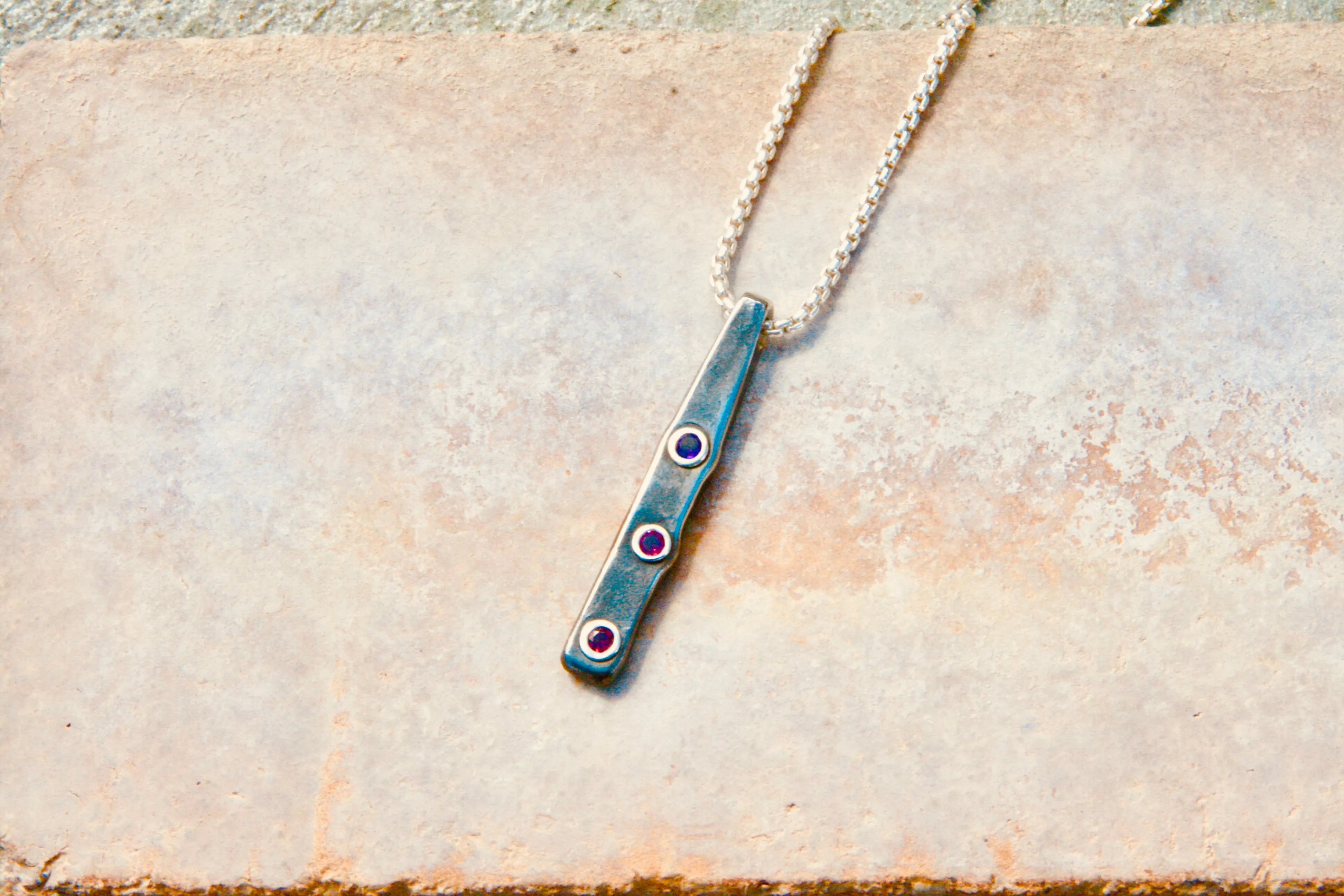 Steel Pendant Necklace with Amethyst and Rhodolite Garnets