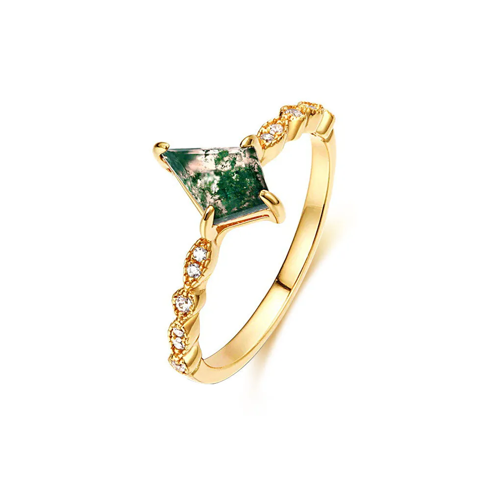 Sterling Silver Rhombus Shape Aquatic Green Moss Agate Ring