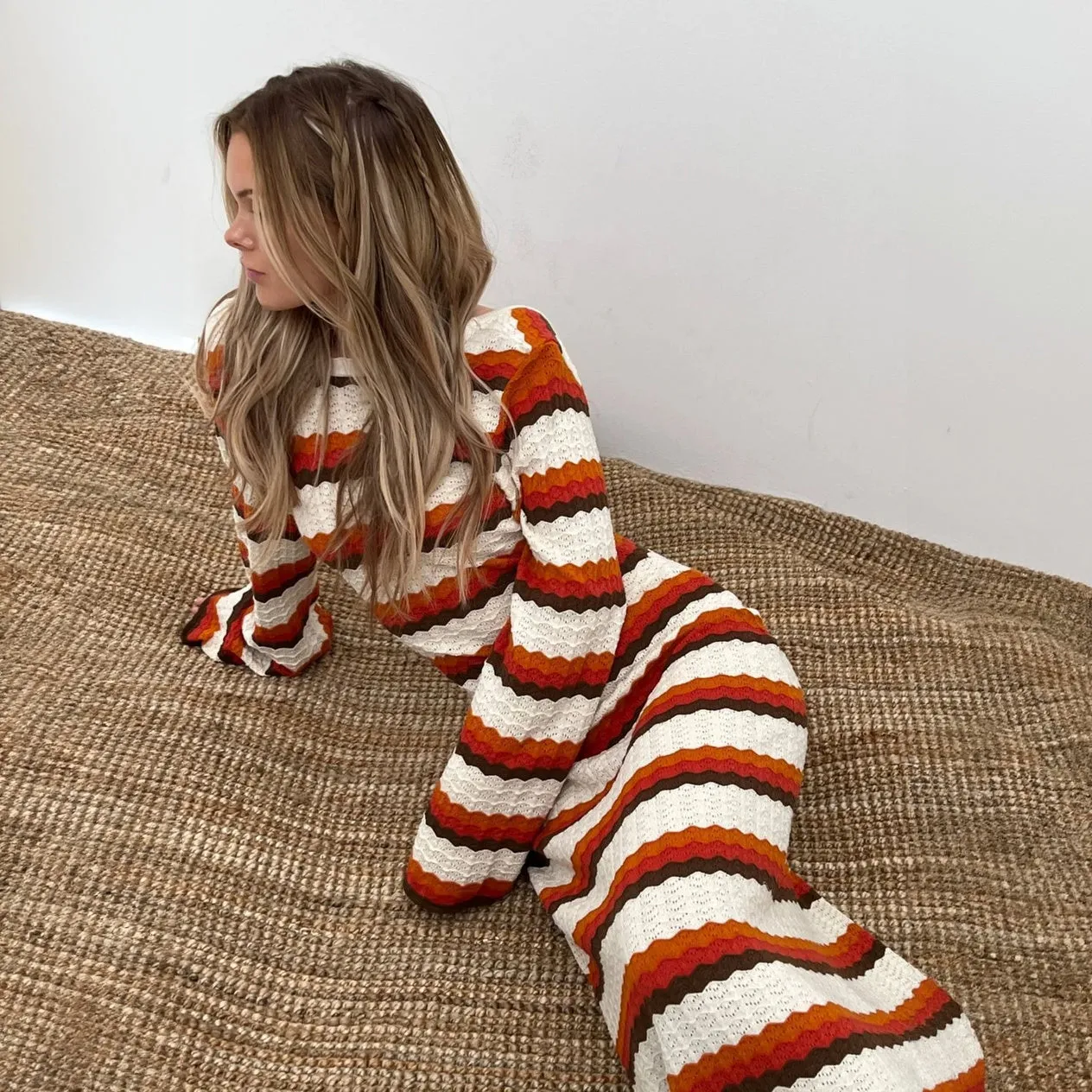 Striped Knit Maxi Dress with Flared Sleeves