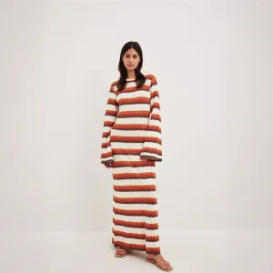 Striped Knit Maxi Dress with Flared Sleeves