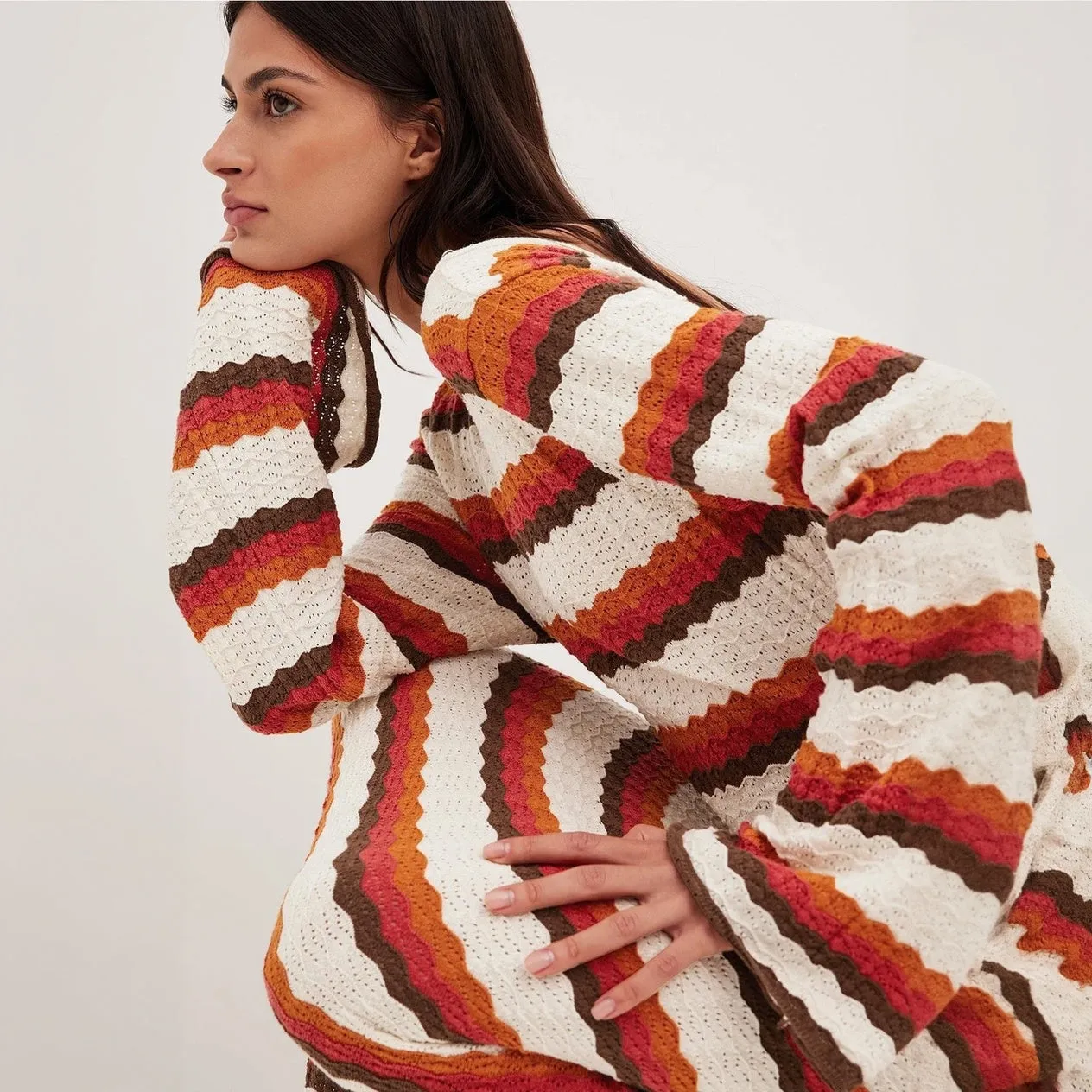 Striped Knit Maxi Dress with Flared Sleeves