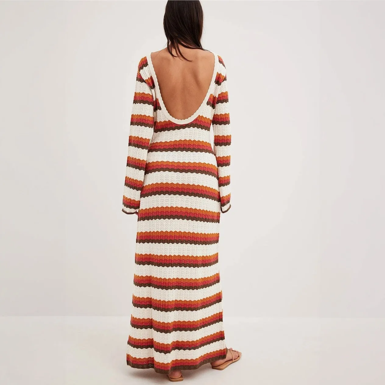 Striped Knit Maxi Dress with Flared Sleeves