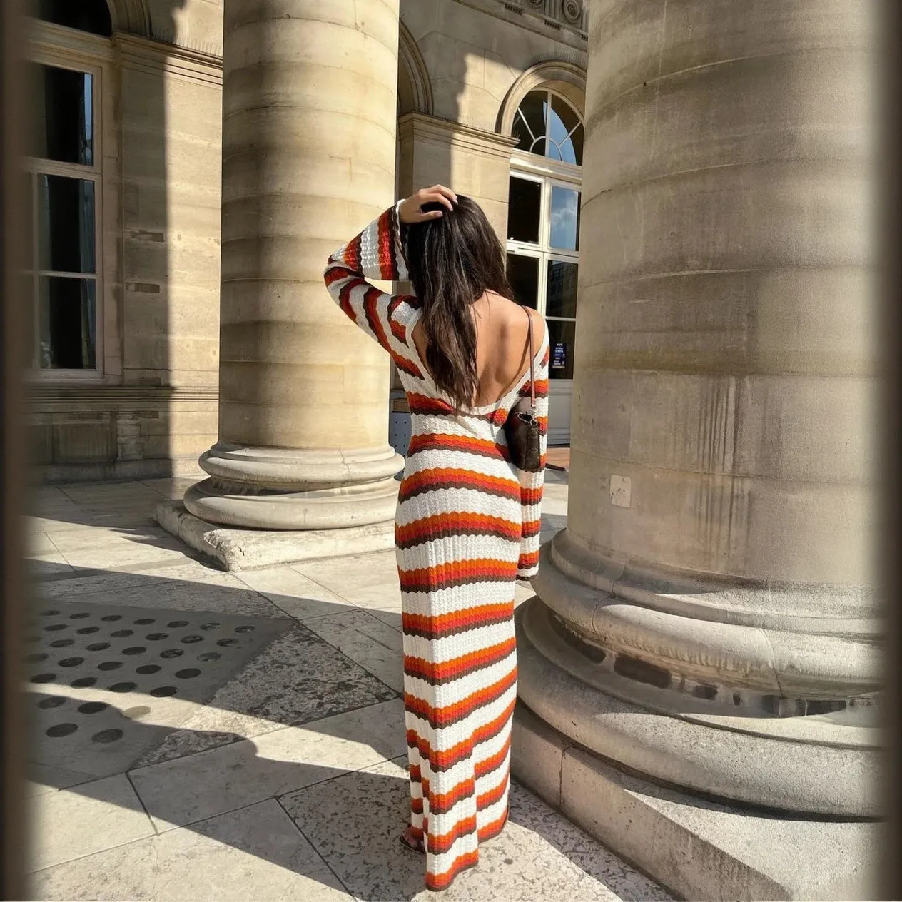 Striped Knit Maxi Dress with Flared Sleeves