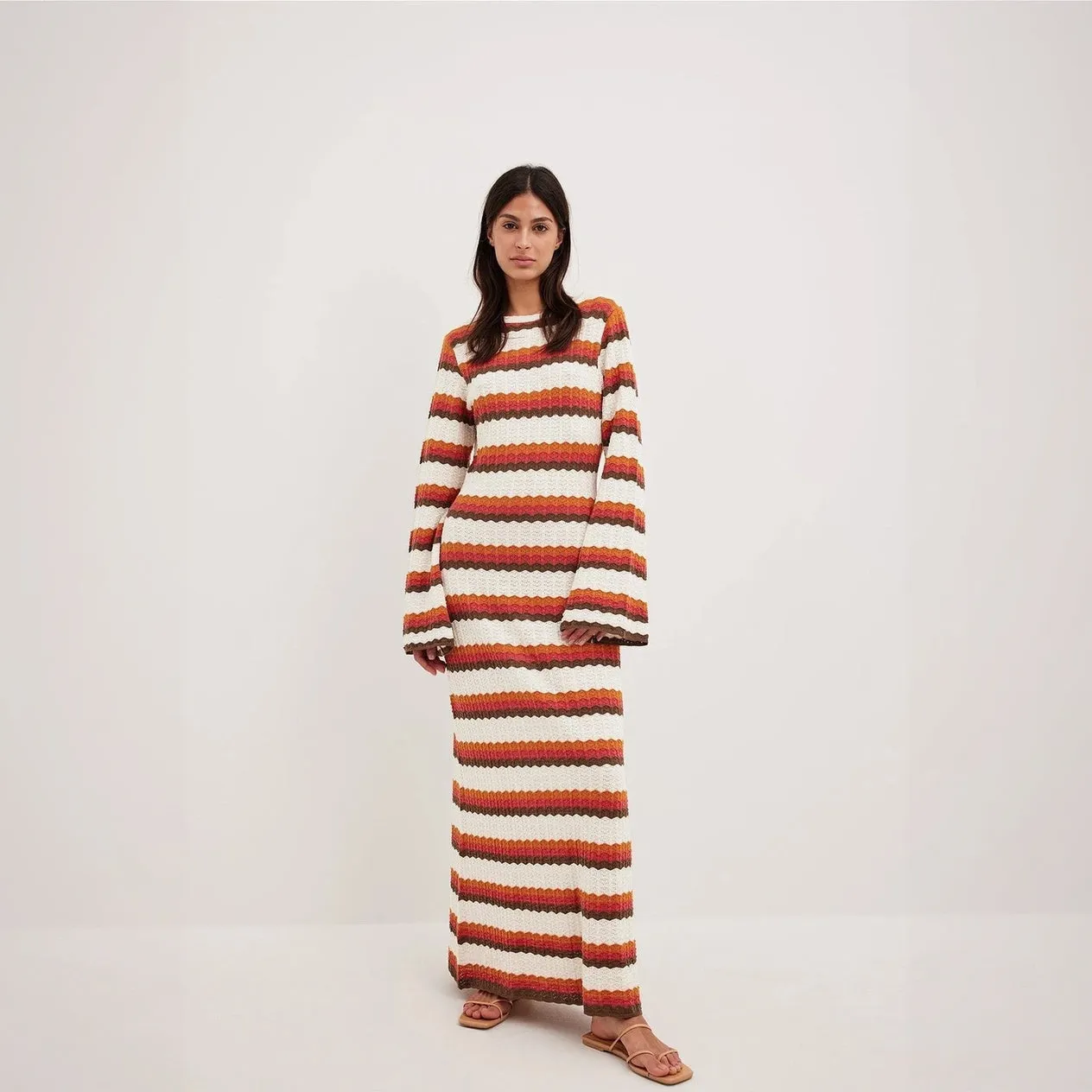 Striped Knit Maxi Dress with Flared Sleeves