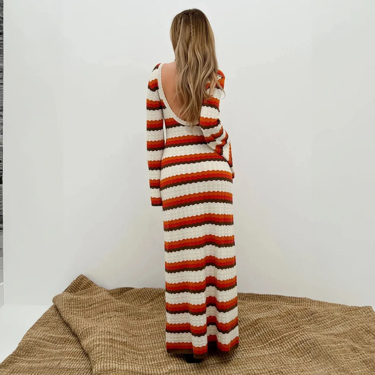 Striped Knit Maxi Dress with Flared Sleeves