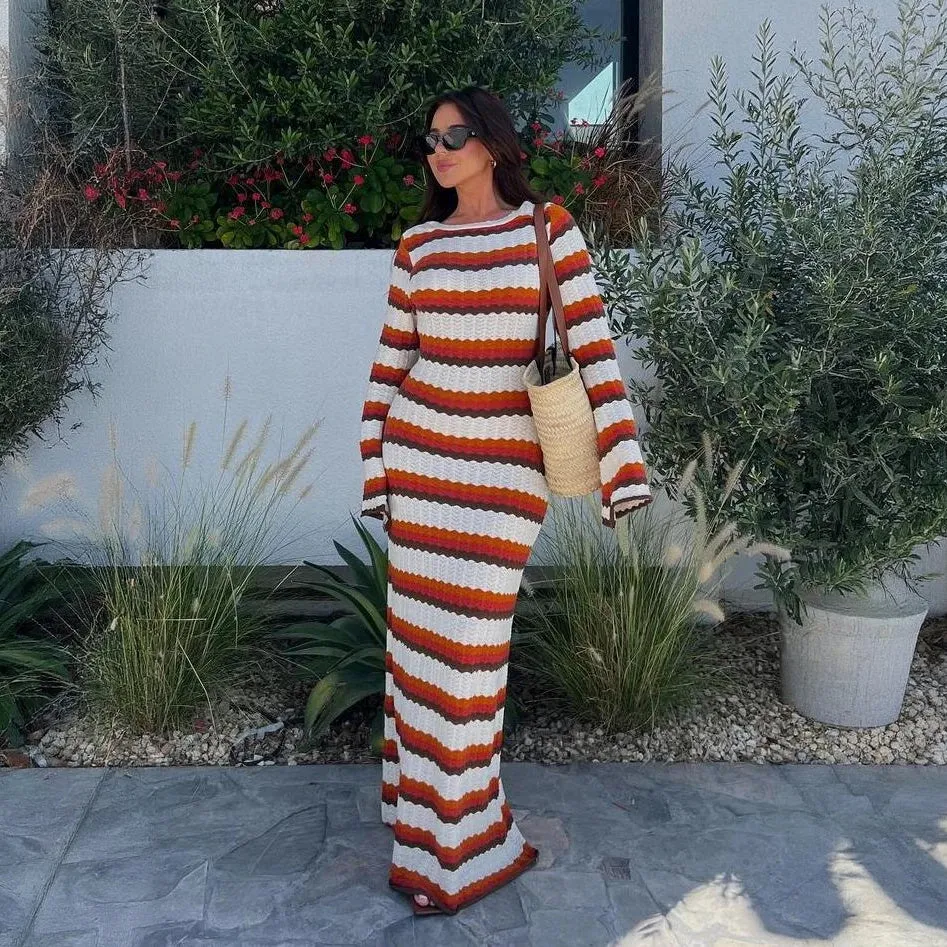 Striped Knit Maxi Dress with Flared Sleeves