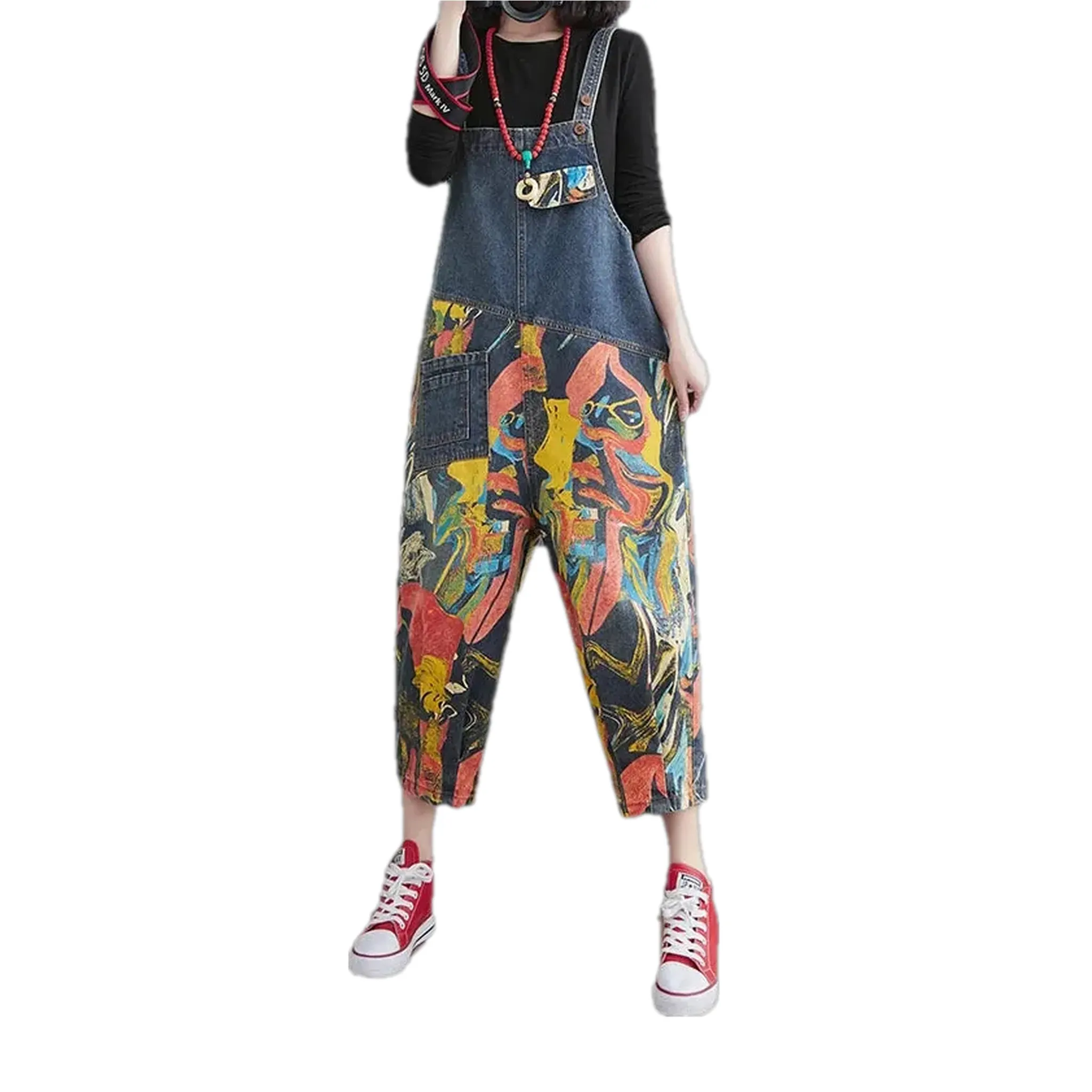 Stylish street art baggy jean dungaree for women