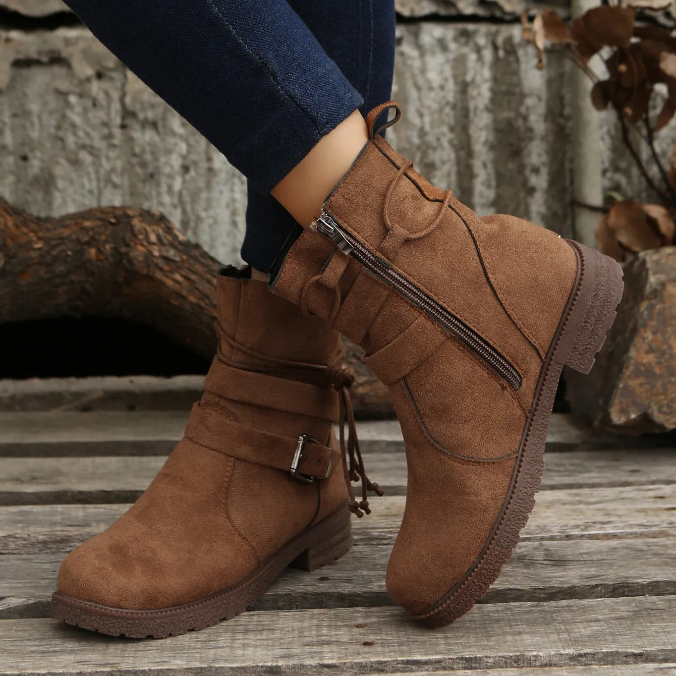 Stylish Women's Suede Side Zip Boots with Round Toe | All-Day Comfort Low Heel Footwear