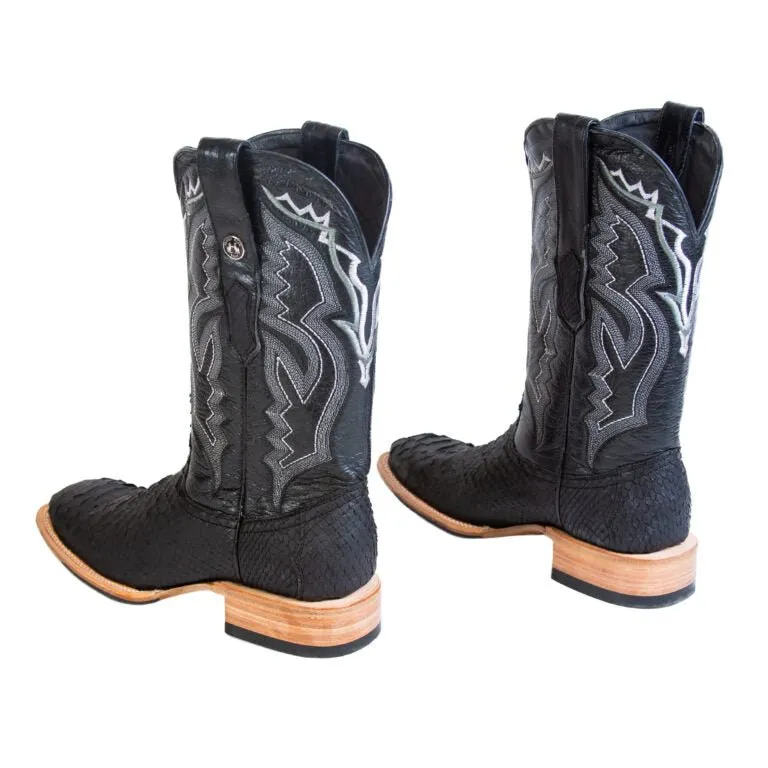 TANNER MARK MEN'S EXOTIC LEATHER Python Matte Black Cowboy Boots With Hybrid Sole