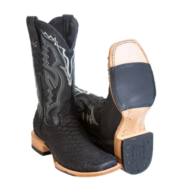 TANNER MARK MEN'S EXOTIC LEATHER Python Matte Black Cowboy Boots With Hybrid Sole
