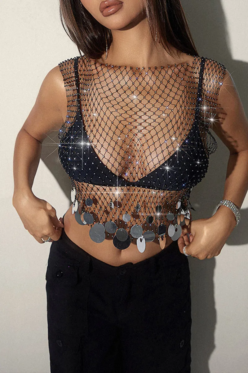 TR3001 Rhinestones Fishnet Top