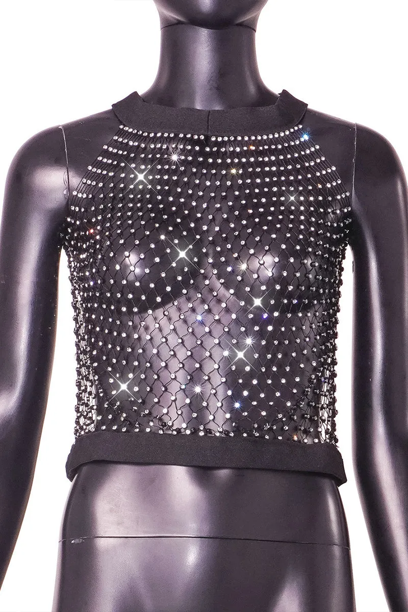 TR3022 Rhinestones Fishnet Tank Top