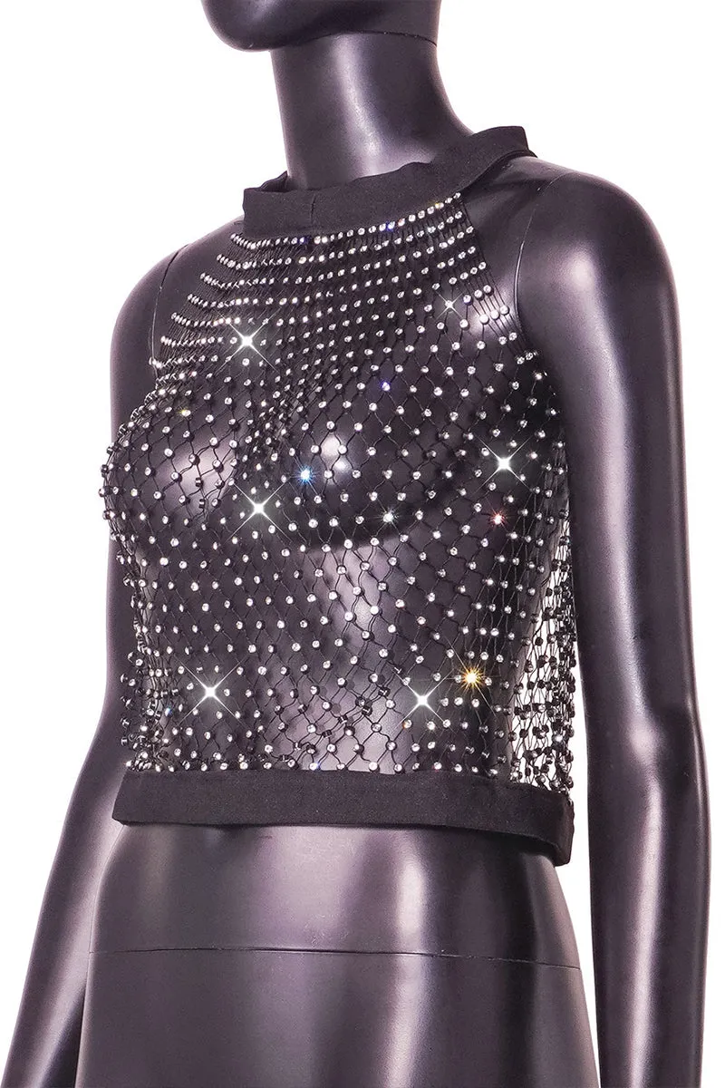 TR3022 Rhinestones Fishnet Tank Top