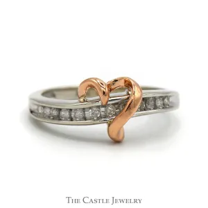 Two Tone Open Heart Ring with Nick Set Diamond Accents in 10k White & Rose Gold