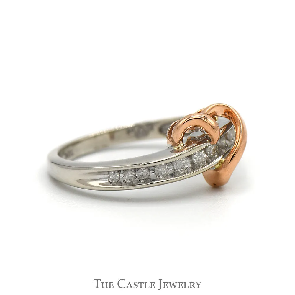 Two Tone Open Heart Ring with Nick Set Diamond Accents in 10k White & Rose Gold