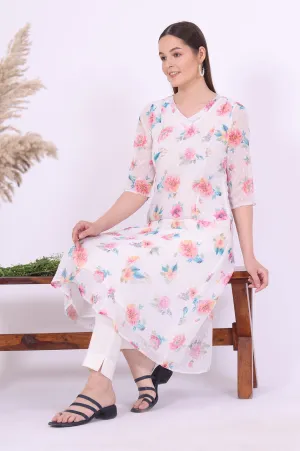 White Printed A-Line Georgette Kurta