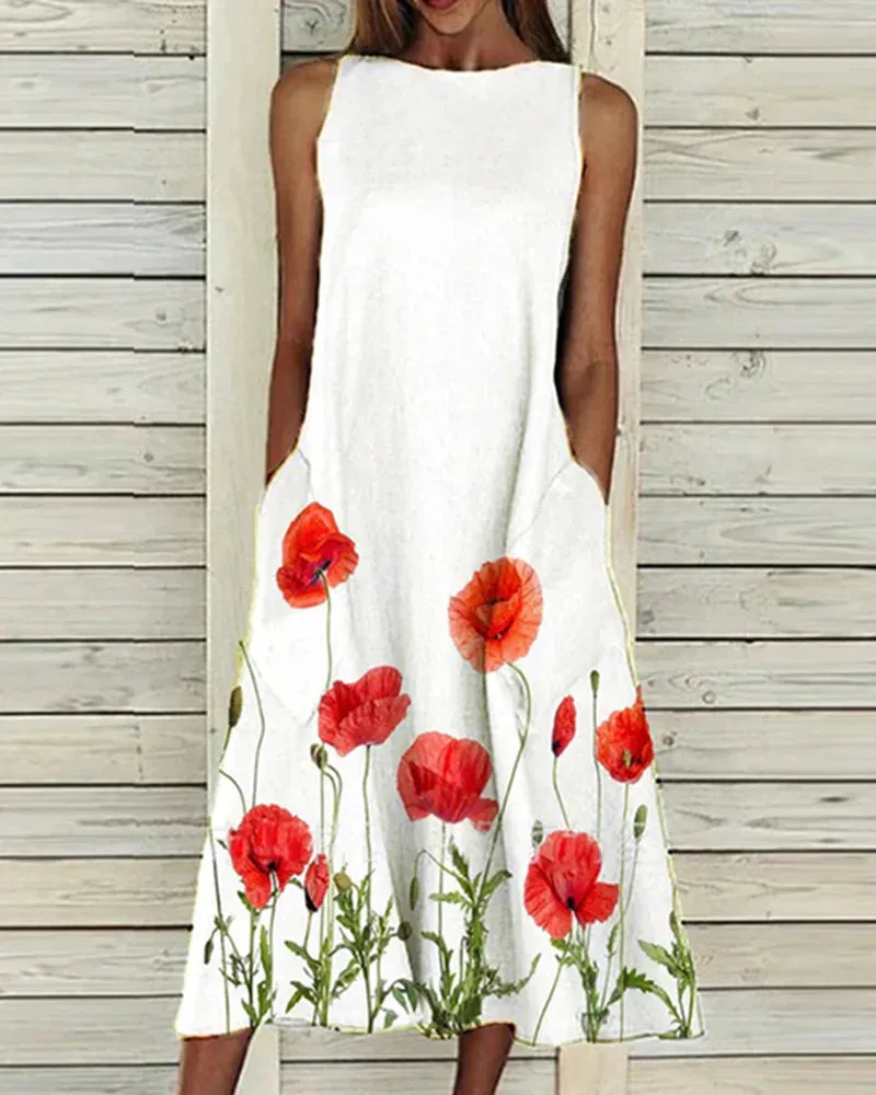 Women's Comfortable Summer Sleeveless Floral Dress | Midi