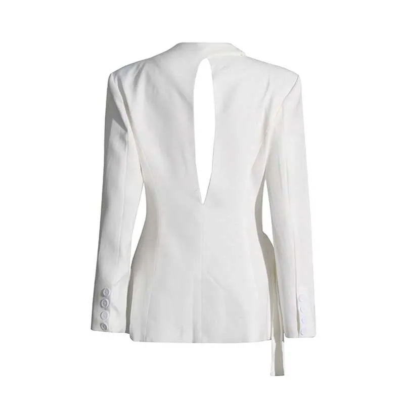 Women's Deep-V White Blazer Trendy Jacket with Cut-out Back