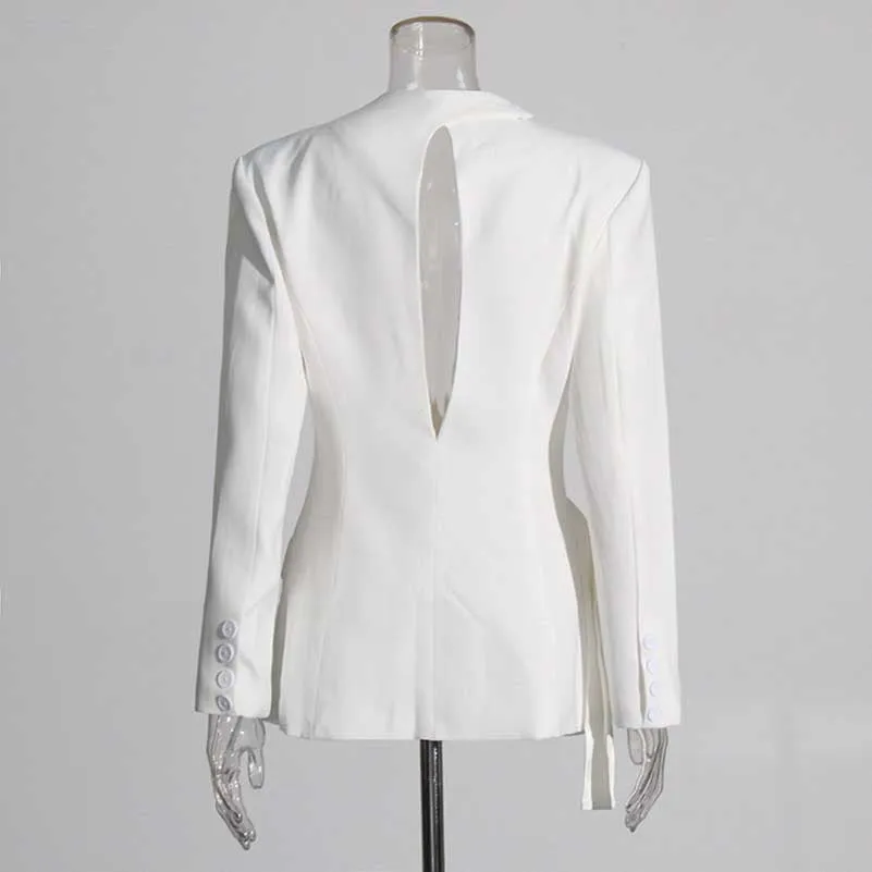 Women's Deep-V White Blazer Trendy Jacket with Cut-out Back