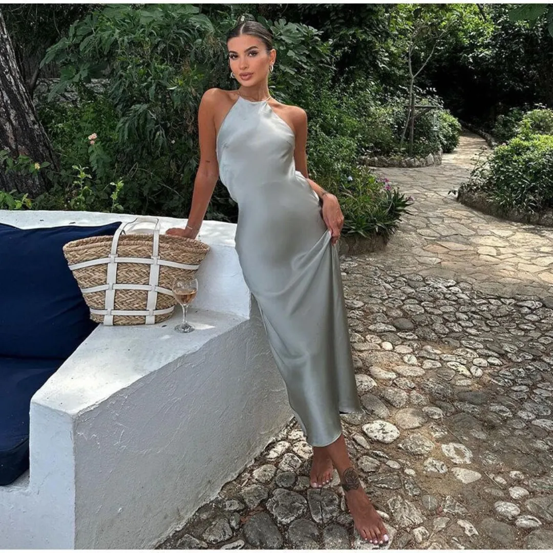 Women's Elegant Halter Backless Wedding Guest Dress | Maxi